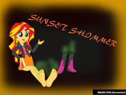 Size: 2000x1500 | Tagged: safe, artist:maze1000, derpibooru import, sunset shimmer, equestria girls, boots, clothes, feet, high heel boots, jacket, leather jacket, skirt, smelly, solo, stinky feet, visible stench