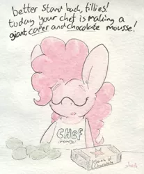 Size: 692x834 | Tagged: safe, artist:slightlyshade, derpibooru import, pinkie pie, pony, apron, baking, chocolate, clothes, egg, eyes closed, food, solo