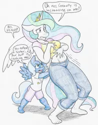 Size: 4601x5913 | Tagged: absurd resolution, alicorn, anthro, artist:flicker-show, barefoot, belly button, breasts, clothes, cute, derpibooru import, dialogue, disney, feet, female, funny, lilo and stitch, lilo pelekai, midriff, movie reference, nani pelekai, pants, plantigrade anthro, princess celestia, princess luna, safe, shirt, short shirt, simple background, speech bubble, traditional art, woona