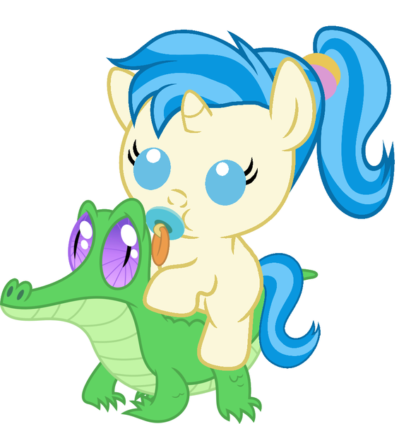 Size: 986x1017 | Tagged: safe, artist:red4567, derpibooru import, allie way, gummy, pony, baby, baby pony, cute, pacifier, ponies riding gators, riding, simple background, white background