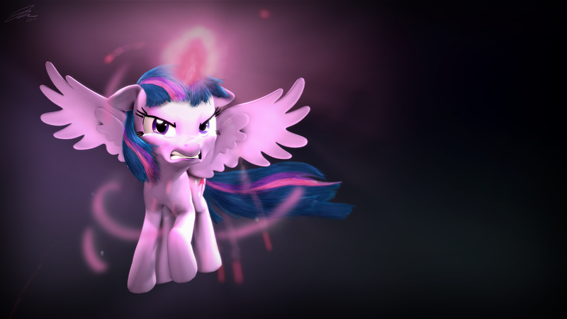 Size: 3840x2160 | Tagged: safe, artist:imafutureguitarhero, artist:mangaka-girl, derpibooru import, twilight sparkle, twilight sparkle (alicorn), alicorn, pony, 3d, adaptation, angry, based on vector, crying, imminent death, levitation, looking at you, magic, recursive fanart, solo, source filmmaker, wallpaper