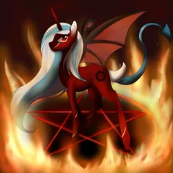 Size: 1997x2000 | Tagged: safe, artist:nightflash-x, derpibooru import, oc, unofficial characters only, alicorn, demon pony, pony, demon tail, dragon wings, fire, pentagram, solo, stars
