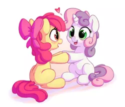 Size: 1400x1200 | Tagged: safe, artist:bobdude0, artist:dawnfire, derpibooru import, apple bloom, sweetie belle, earth pony, pony, unicorn, adorabloom, blushing, bow, collaboration, cute, daaaaaaaaaaaw, diasweetes, eye contact, female, filly, freckles, hair bow, happy, heart, hnnng, holding hooves, lesbian, looking at each other, open mouth, shipping, simple background, sitting, smiling, sweetiebloom, white background