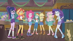 Size: 1200x675 | Tagged: safe, derpibooru import, screencap, applejack, fluttershy, pinkie pie, rainbow dash, rarity, sci-twi, spike, spike the regular dog, sunset shimmer, twilight sparkle, dog, equestria girls, legend of everfree, ass, balloon, boots, bracelet, camp everfree outfits, cap, clothes, converse, cookie dough, cowboy boots, crossed arms, cup, glasses, hand on hip, hat, humane five, humane seven, humane six, jeans, jewelry, legs, mane seven, mane six, pants, paper towels, raised leg, shoes, shorts, sneakers, socks, wristband