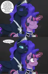 Size: 1280x1980 | Tagged: safe, artist:silfoe, derpibooru import, nightmare moon, twilight sparkle, pony, moonsetmlp, alternate timeline, blushing, clothes, eyes on the prize, female, gray background, lesbian, scrunchy face, shipping, simple background, twimoon, unicorn twilight, uniform