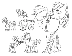 Size: 1000x788 | Tagged: safe, artist:karmadash, derpibooru import, big macintosh, rainbow dash, earth pony, pony, apple cart, blanket, brushing mane, doodle, female, flying, food, male, monochrome, nap, pie, rainbowmac, romance, shipping, sketch, sketch dump, sleeping, stallion, straight, z, zzz