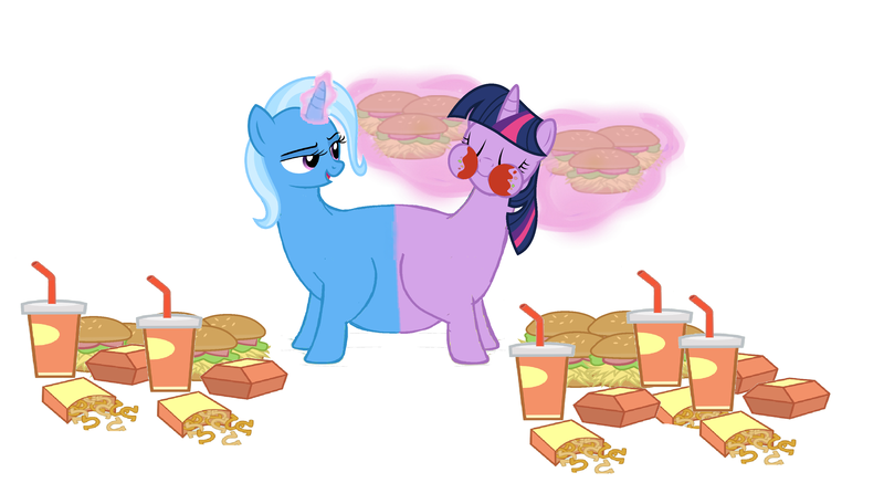 Size: 3253x1853 | Tagged: source needed, useless source url, suggestive, artist:theunknowenone1, derpibooru import, trixie, twilight sparkle, pony, unicorn, burger, catdog, conjoined, eating, fat, feeding, feeding ponies, female, food, fusion, happy, hay burger, lesbian, magic, mare, mcdonald's, multiple heads, puffy cheeks, pushmi-pullyu, shipping, simple background, the great and bountiful trixie, twilard sparkle, twilight burgkle, twixie, two heads, we have become one, weight gain, white background