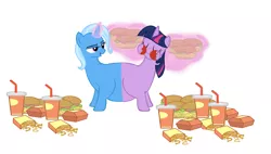 Size: 3253x1853 | Tagged: source needed, useless source url, suggestive, artist:theunknowenone1, derpibooru import, trixie, twilight sparkle, pony, unicorn, burger, catdog, conjoined, eating, fat, feeding, feeding ponies, female, food, fusion, happy, hay burger, lesbian, magic, mare, mcdonald's, multiple heads, puffy cheeks, pushmi-pullyu, shipping, simple background, the great and bountiful trixie, twilard sparkle, twilight burgkle, twixie, two heads, we have become one, weight gain, white background
