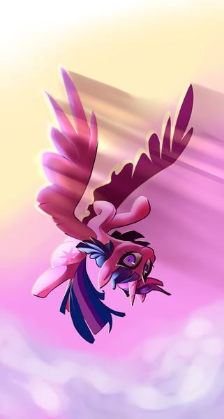 Size: 1600x2987 | Tagged: safe, artist:lilfunkman, artist:sourspot, derpibooru import, twilight sparkle, twilight sparkle (alicorn), alicorn, pony, backbend, cloud, collaboration, female, flying, large wings, looking at you, mare, smiling, solo, wings