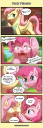 Size: 400x1180 | Tagged: safe, artist:lumineko, derpibooru import, fluttershy, pinkie pie, earth pony, pegasus, pony, 4koma, alternate hairstyle, apron, clothes, comic, cute, diapinkes, duo, female, fluttershy's cottage, looking back, mare, open mouth, prank, prank fail, prank gone wrong, pruny, scared, traumatized, underhoof