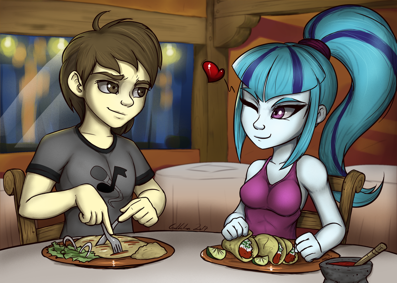 Size: 2350x1676 | Tagged: safe, artist:gabbslines, derpibooru import, sonata dusk, oc, oc:silent mic, equestria girls, rainbow rocks, breasts, canon x oc, clothes, commission, date, dinner, female, food, heart, looking at each other, male, one eye closed, silenata, smiling, straight, table, wink