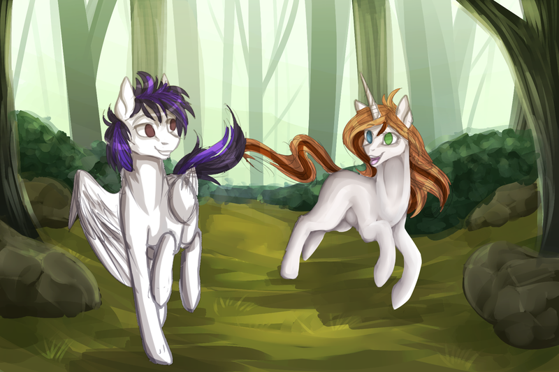 Size: 1800x1200 | Tagged: safe, artist:kseniyart, derpibooru import, oc, unofficial characters only, pegasus, pony, unicorn, female, forest, heterochromia, male, mare, running, stallion