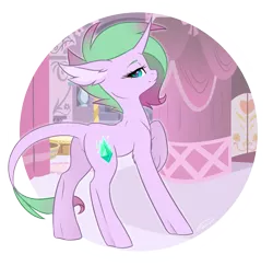 Size: 1657x1608 | Tagged: safe, artist:doekitty, derpibooru import, oc, oc:flaming emerald, unofficial characters only, dracony, hybrid, pony, carousel boutique, female, interspecies offspring, leonine tail, looking at you, mare, next generation, offspring, parent:rarity, parent:spike, parents:sparity, smiling, solo