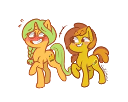 Size: 500x400 | Tagged: safe, artist:soulfulmirror, derpibooru import, oc, oc:honey ella, oc:honey nevaeh, unofficial characters only, earth pony, pony, unicorn, blushing, female, mare, raised hoof, simple background, smiling, transparent background, walking