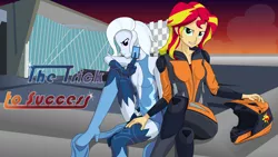 Size: 3000x1688 | Tagged: safe, artist:hakunohamikage, derpibooru import, sunset shimmer, trixie, fanfic, equestria girls, card, clothes, couple, crossed legs, duo, fanfic art, fanfic cover, female, grin, helmet, high heels, jumpsuit, lesbian, looking at you, png, racing suit, shipping, sitting, smiling, suntrix