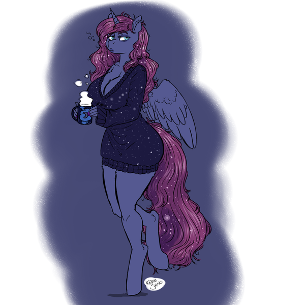 Size: 1800x1800 | Tagged: safe, artist:kevinsano, derpibooru import, edit, princess luna, alicorn, anthro, unguligrade anthro, cleavage, clothes, coffee, commission, female, looking at you, mare, morning ponies, mug, sleepy, solo, sweater, tired