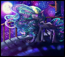 Size: 1666x1464 | Tagged: safe, artist:rainsrandomness, derpibooru import, princess celestia, alicorn, pony, color porn, female, magic, mare, moon, night, solo, unshorn fetlocks