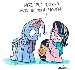 Size: 1520x1426 | Tagged: suggestive, artist:bobthedalek, derpibooru import, starlight glimmer, trixie, pony, unicorn, all bottled up, cinnamon nuts, clothes, deez nuts, dialogue, duo, eating, food, funny, innocent innuendo, innuendo, magic, nuts, phrasing, scarf, that pony sure does love nuts, traditional art