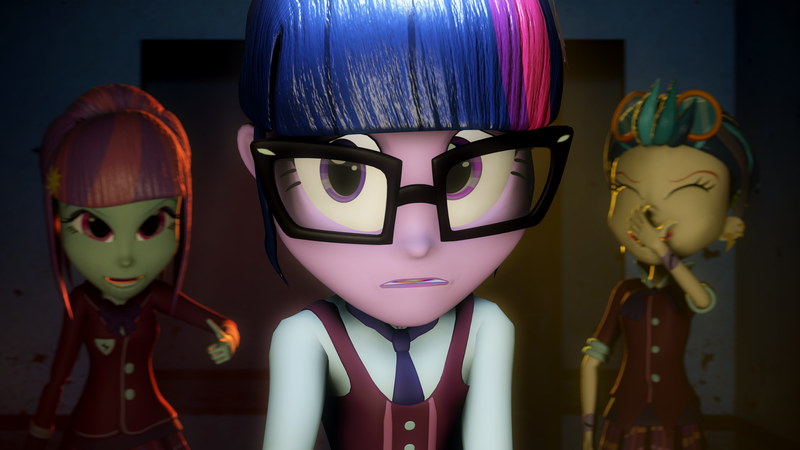 Size: 3840x2160 | Tagged: safe, artist:jollyoldcinema, derpibooru import, sci-twi, twilight sparkle, equestria girls, friendship games, 3d, bowtie, bracelet, bully, bullying, clothes, crystal prep academy uniform, ear piercing, earring, glasses, goggles, jewelry, necktie, piercing, sad, school uniform