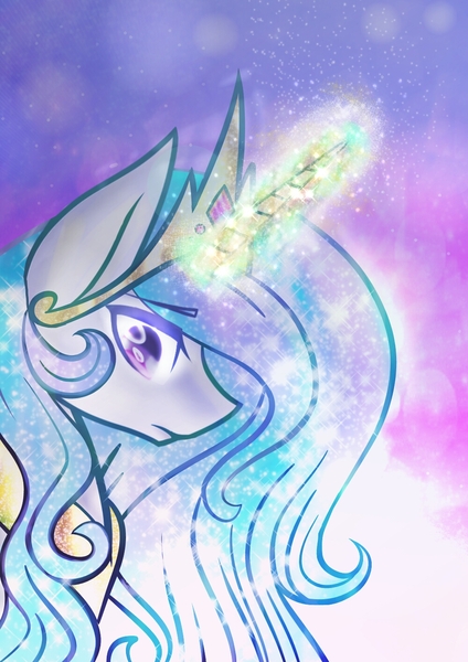 Size: 1000x1414 | Tagged: safe, artist:rainsrandomness, derpibooru import, princess celestia, alicorn, pony, bust, crown, female, jewelry, magic, mare, peytral, portrait, regalia, solo