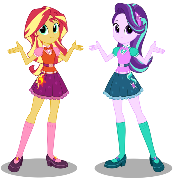 Size: 2304x2391 | Tagged: safe, artist:broncat, derpibooru import, starlight glimmer, sunset shimmer, equestria girls, bowtie, clothes, cute, headband, legs, looking at you, mary janes, new outfit, shoes, simple background, skirt, smiling, socks, sun, transparent background