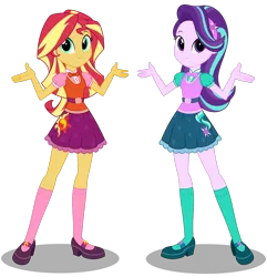 Size: 2304x2391 | Tagged: safe, artist:broncat, derpibooru import, starlight glimmer, sunset shimmer, equestria girls, bowtie, clothes, cute, headband, legs, looking at you, mary janes, new outfit, shoes, simple background, skirt, smiling, socks, sun, transparent background