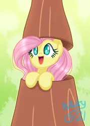 Size: 500x700 | Tagged: safe, artist:azura-arts, derpibooru import, fluttershy, pony, cute, disguise, fluttershy day, fluttertree, open mouth, shyabetes, smiling, solo, tree, tree costume