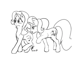 Size: 2300x1900 | Tagged: suggestive, artist:frecklesfanatic, derpibooru import, starlight glimmer, trixie, pony, unicorn, butt licking, crossed legs, female, lesbian, licking, lineart, shipping, shocked, startrix, surprised