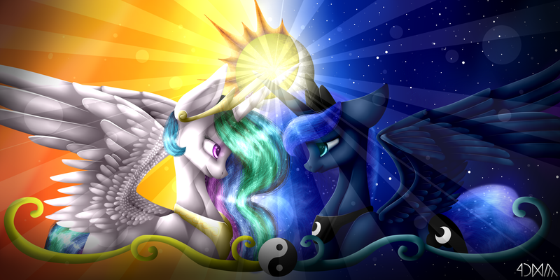 Size: 5000x2500 | Tagged: safe, artist:lunamlphun, derpibooru import, princess celestia, princess luna, alicorn, pony, absurd resolution, crepuscular rays, horns are touching, looking at each other, moon, royal sisters, smiling, spread wings, stars, sun, yin-yang