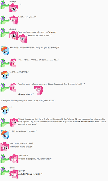 Size: 850x1415 | Tagged: artist:dziadek1990, conversation, derpibooru import, dialogue, emotes, emote story, gummy, pinkie pie, rainbow dash, reddit, safe, slice of life, text