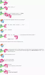 Size: 850x1415 | Tagged: artist:dziadek1990, conversation, derpibooru import, dialogue, emotes, emote story, gummy, pinkie pie, rainbow dash, reddit, safe, slice of life, text