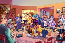 Size: 5100x3336 | Tagged: absurd resolution, artist:darkereve, black cat, breakfast, breasts, busty sunset shimmer, busty twilight sparkle, crossover, crossover shipping, dark skin, derpibooru import, discord, eris, felicia hardy, female, gwen stacy, human, humanized, jewelry, julia carpenter, male, marvel, oc, oc:ben parker sparkle, oc:mayday parker sparkle, offspring, parent:peter parker, parents:spidertwi, parent:twilight sparkle, pendant, peter parker, princess luna, rainbow rocks, rule 63, shipping, sonata dusk, spider-gwen, spiderluna, spider-man, spiders and magic: rise of spider-mane, spidertwi, spider-woman, straight, suggestive, sunset shimmer, table, trixie, twilight sparkle, zecora