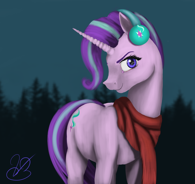 Size: 2842x2678 | Tagged: safe, artist:vinicius040598, derpibooru import, starlight glimmer, pony, unicorn, clothes, earmuffs, forest, night, scarf, solo