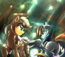 Size: 2830x2500 | Tagged: safe, artist:light262, derpibooru import, applejack, rainbow dash, earth pony, pegasus, pony, appledash, butt, butt touch, commission, cowboy hat, crepuscular rays, dock, feathermarking, featureless crotch, female, forest, freckles, hat, lesbian, mare, never doubt tchernobog's involvement, plot, rainbutt dash, raised hoof, shipping, stetson