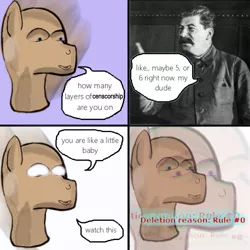 Size: 500x500 | Tagged: safe, artist:meme mare, derpibooru import, pony, derpibooru, censorship, chromatic aberration, comic, hilarious in hindsight, josef stalin, meme, meme man, meta, succ