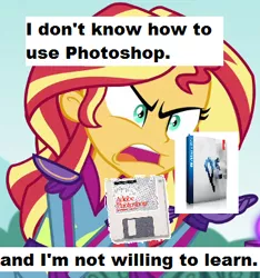 Size: 363x388 | Tagged: safe, derpibooru import, edit, edited screencap, screencap, sunset shimmer, equestria girls, friendship games, 1000 hours in ms paint, cropped, exploitable meme, floppy disk, image macro, meme, ms paint, photoshop, solo, sunset is not willing to learn