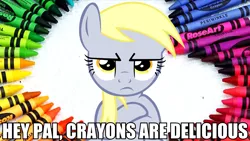Size: 2560x1440 | Tagged: safe, derpibooru import, derpy hooves, pegasus, pony, totally legit recap, crayon, female, image macro, looking at you, mare, meme, pouting, solo, underp