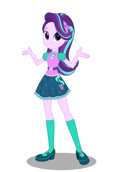 Size: 2300x3455 | Tagged: safe, artist:broncat, derpibooru import, starlight glimmer, equestria girls, bowtie, clothes, cute, female, headband, looking at you, mary janes, new outfit, shoes, simple background, skirt, smiling, socks, solo, transparent background