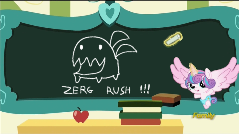 Size: 1280x720 | Tagged: safe, derpibooru import, edit, edited screencap, screencap, princess flurry heart, oc, pony, zerg, zergling, a flurry of emotions, carbot, chalkboard, digital drawing, discovery family logo, exploitable meme, flurry art, flurry heart's chalkboard, meme, solo, starcraft, starcrafts, zerg rush