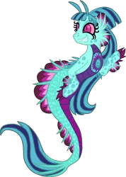 Size: 1143x1608 | Tagged: alternate design, antennae, artist:starryoak, derpibooru import, eyelashes, fangs, fins, full body, gem, grin, happy, looking at something, safe, scales, sharp teeth, simple background, siren, smiling, solo, sonata dusk, transparent background