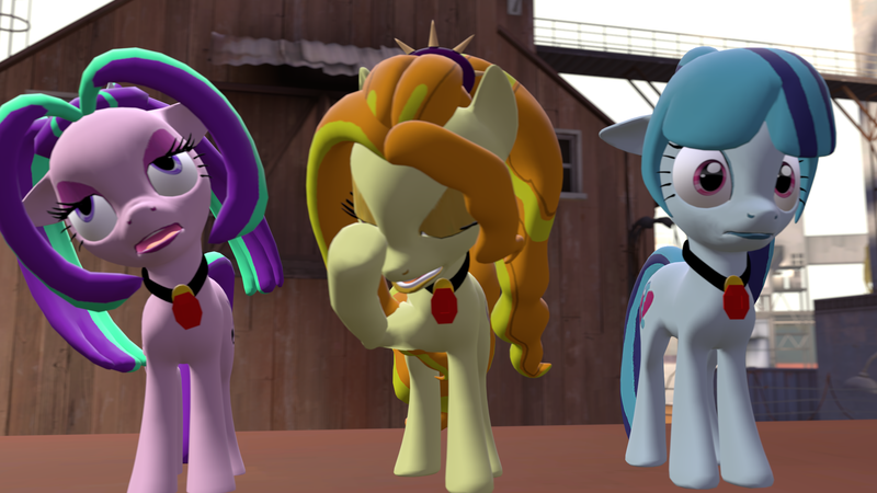 Size: 1920x1080 | Tagged: safe, artist:ghost258, derpibooru import, adagio dazzle, aria blaze, sonata dusk, ponified, pony, equestria girls, rainbow rocks, 3d, equestria girls ponified, eyeroll, facehoof, scene interpretation, sfm ponyville, source filmmaker, starenata, the dazzlings, trio