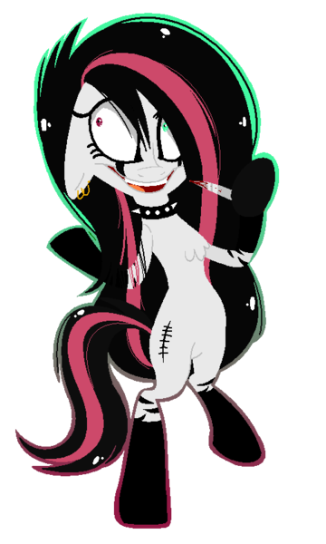 Size: 506x843 | Tagged: artist:niightlydark, blood, bloody knife, chest fluff, choker, crazy face, cutie mark, derpibooru import, ear piercing, earring, eyelashes, eyeliner, faic, floppy ears, full body, goth, heterochromia, holding, insanity, jewelry, knife, makeup, oc, oc:emala jiss, outline, piercing, psycho, red and black oc, safe, shiny, shrunken pupils, sideways glance, simple background, solo, spiked choker, standing, standing on one leg, stitches, transparent background, unofficial characters only