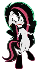 Size: 506x843 | Tagged: artist:niightlydark, blood, bloody knife, chest fluff, choker, crazy face, cutie mark, derpibooru import, ear piercing, earring, eyelashes, eyeliner, faic, floppy ears, full body, goth, heterochromia, holding, insanity, jewelry, knife, makeup, oc, oc:emala jiss, outline, piercing, psycho, red and black oc, safe, shiny, shrunken pupils, sideways glance, simple background, solo, spiked choker, standing, standing on one leg, stitches, transparent background, unofficial characters only