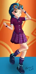 Size: 1600x3264 | Tagged: safe, artist:horsecat, derpibooru import, indigo zap, equestria girls, .psd available, bowtie, bracelet, breasts, clothes, crystal prep academy uniform, ear piercing, earring, female, goggles, jewelry, multiple variants, one eye closed, piercing, school uniform, shoes, socks, solo, wink
