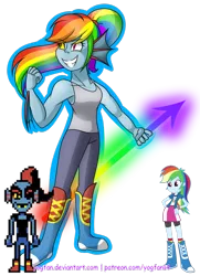 Size: 1024x1418 | Tagged: safe, artist:yogfan, derpibooru import, rainbow dash, equestria girls, boots, bracelet, clothes, compression shorts, fusion, hand on hip, jewelry, ponytail, rainbowdyne, skirt, socks, solo, undertale, undyne, wristband