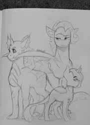 Size: 1869x2576 | Tagged: artist:lxxjunebugxxl, derpibooru import, dracony, hybrid, interspecies offspring, magical gay spawn, monochrome, oc, oc:jade, oc:milkweed, oc:nightshade, offspring, parent:fluttershy, parents:flutterspike, parent:spike, parents:thoraxshy, parents:thoraxspike, parent:thorax, safe, unofficial characters only