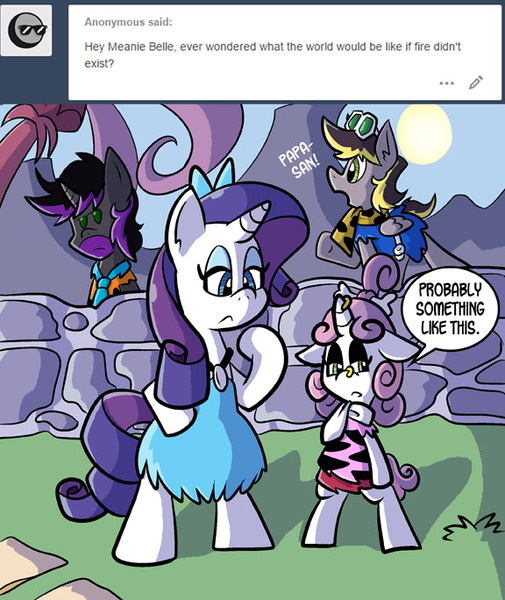 Size: 576x684 | Tagged: safe, artist:pembroke, derpibooru import, rarity, sweetie belle, oc, oc:aero, oc:warden, pegasus, pony, unicorn, ask meanie belle, aero replies, ask, beard, bipedal, clothes, colt, dress, facial hair, grand dad, horn piercing, male, meanie belle, nose piercing, nose ring, offspring, parent:derpy hooves, parent:oc:warden, parents:canon x oc, parents:warderp, piercing, pitfall rarity, speech bubble, stallion, the flintstones, tumblr