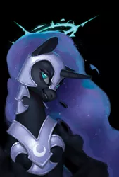 Size: 630x930 | Tagged: dead source, safe, artist:eosphorite, derpibooru import, nightmare moon, alicorn, pony, black background, female, halo, helmet, looking at you, mare, simple background, smiling, solo