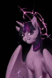 Size: 630x930 | Tagged: dead source, safe, artist:eosphorite, derpibooru import, twilight sparkle, twilight sparkle (alicorn), alicorn, pony, black background, female, looking at you, mare, simple background, smiling, solo