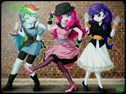 Size: 1200x897 | Tagged: safe, artist:uotapo, derpibooru import, pinkie pie, rainbow dash, rarity, equestria girls, anime, boots, bracelet, chromatic aberration, clothes, cute, cyndi lauper, dancing, dress, eyes closed, female, gloves, happy, hat, jewelry, looking at you, open mouth, pantyhose, rainbow dash always dresses in style, raribetes, shoes, skirt, smiling, style emulation, top hat